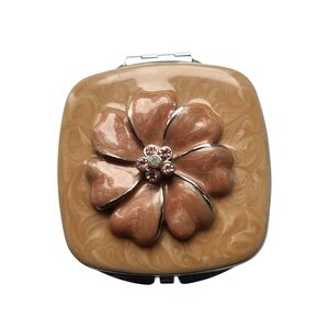 Spring Street Jeweled Enamel Floral Compact Mirror - Tan & Pink
